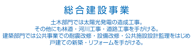 総合建設事業 土木部門では太陽光発電2メガ新設（約10,000坪）の造成工事。その他にも林道・河川工事・道路工事を手がける。建築部門では公共事業での耐震改修・設備改修・公共施設設計監理をはじめ戸建ての新築・リフォームを手がける。現在では東北復興のため、仮設住宅インフラ整備工事に力を入れる。